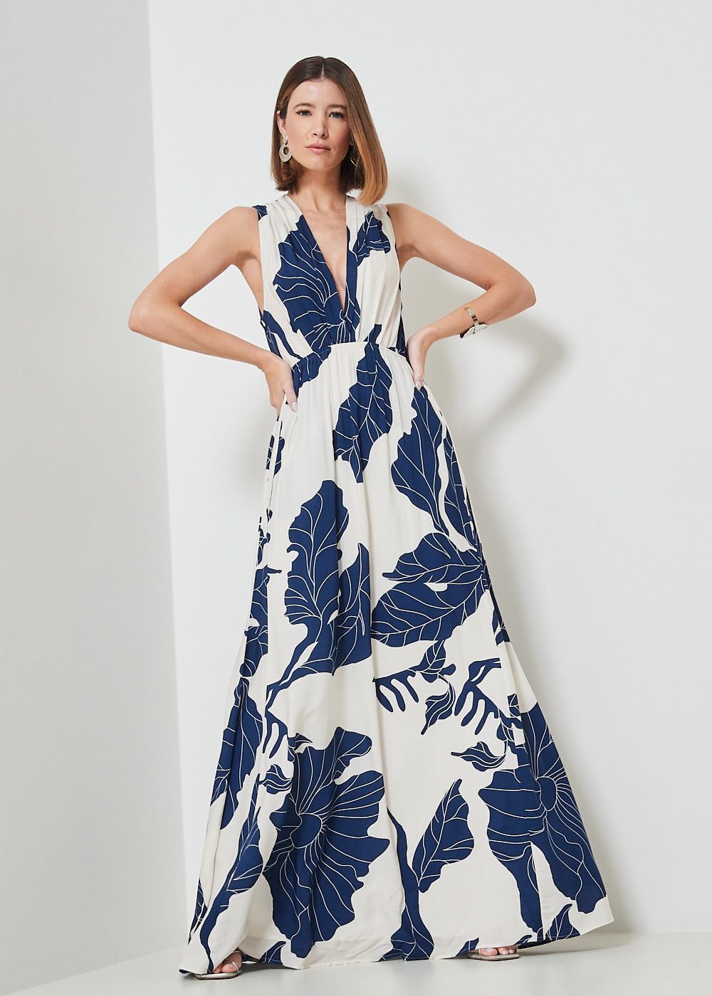 53.50.3444EST VESTIDO LONGO PREGAS ESTAMPA BLUE LEAVES