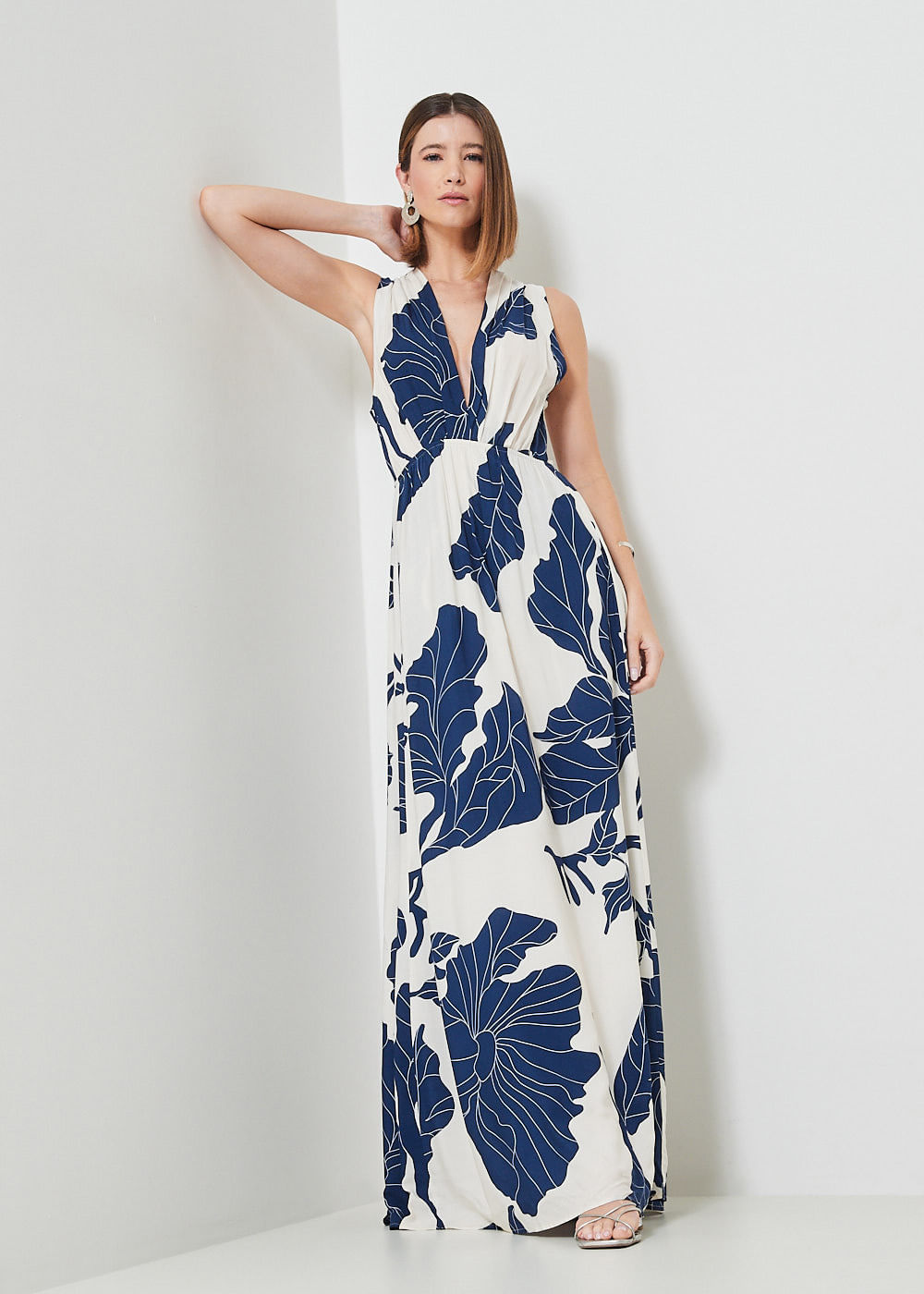 53.50.3444EST VESTIDO LONGO PREGAS ESTAMPA BLUE LEAVES