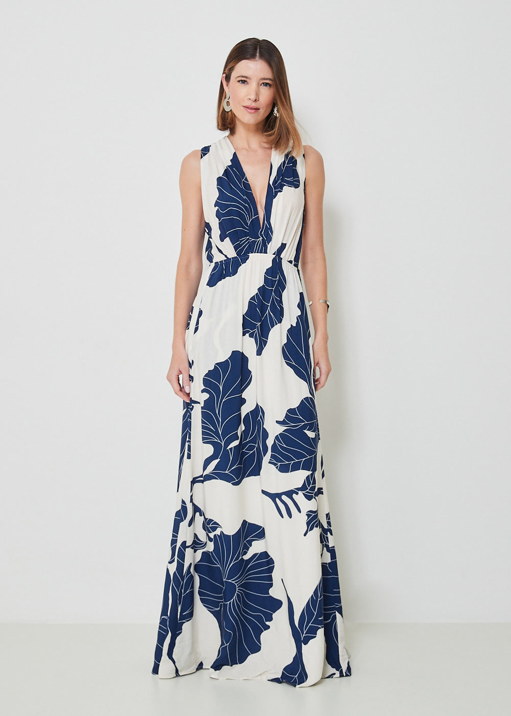 53.50.3444EST VESTIDO LONGO PREGAS ESTAMPA BLUE LEAVES