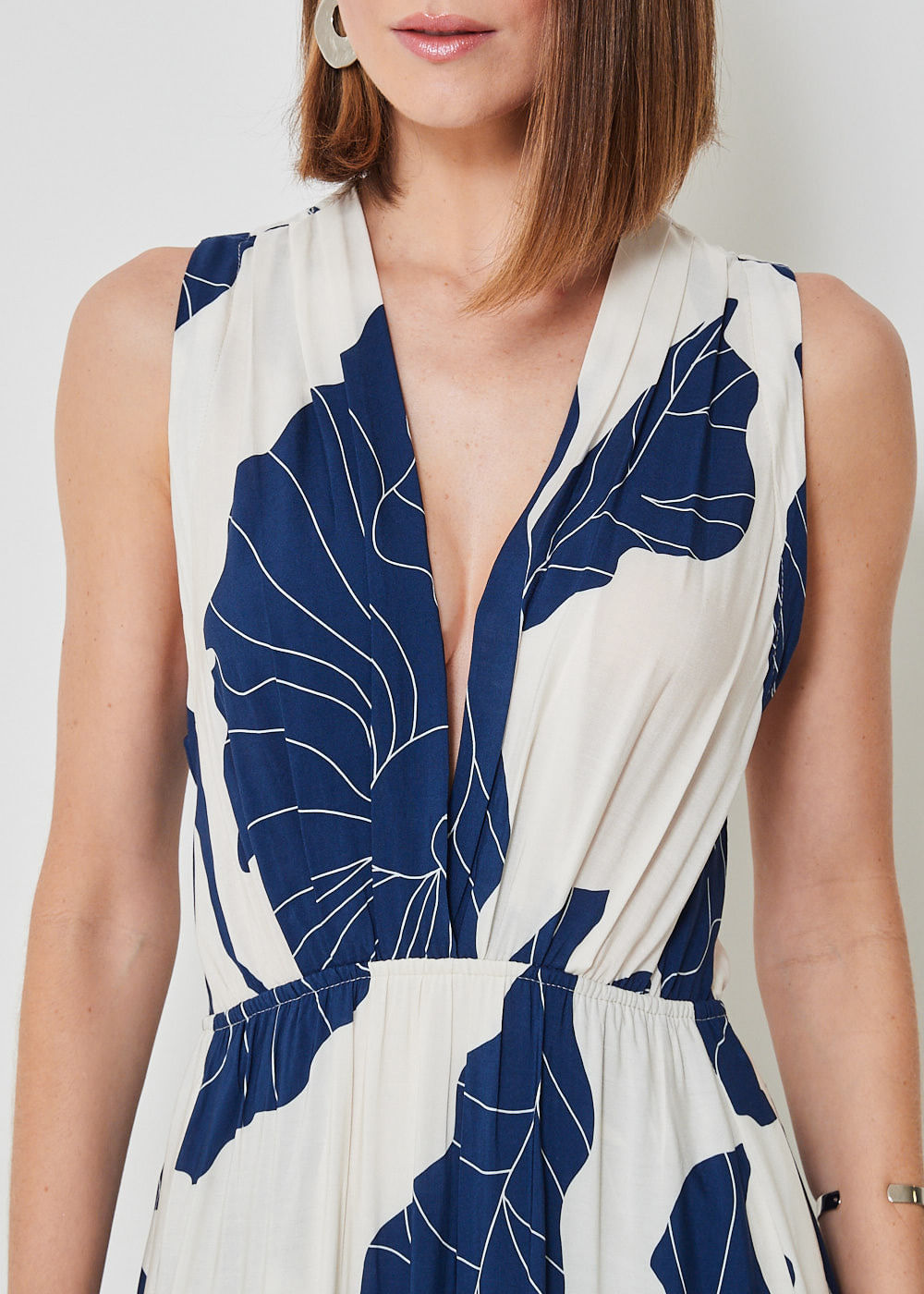 53.50.3444EST VESTIDO LONGO PREGAS ESTAMPA BLUE LEAVES