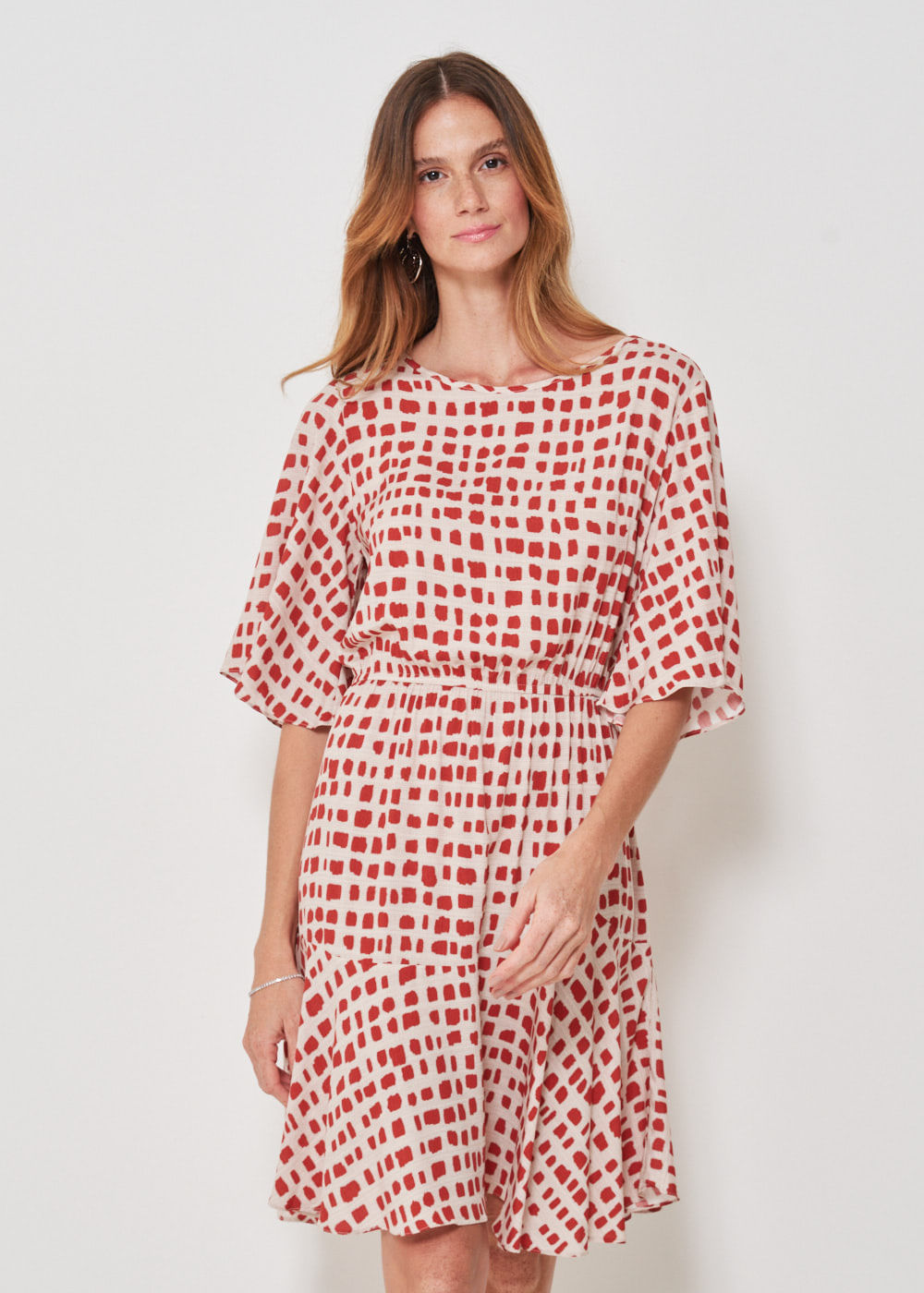 53.22.3417VMT VESTIDO CURTO MANGA 3/4 ESTAMPA COLOR SQUARES