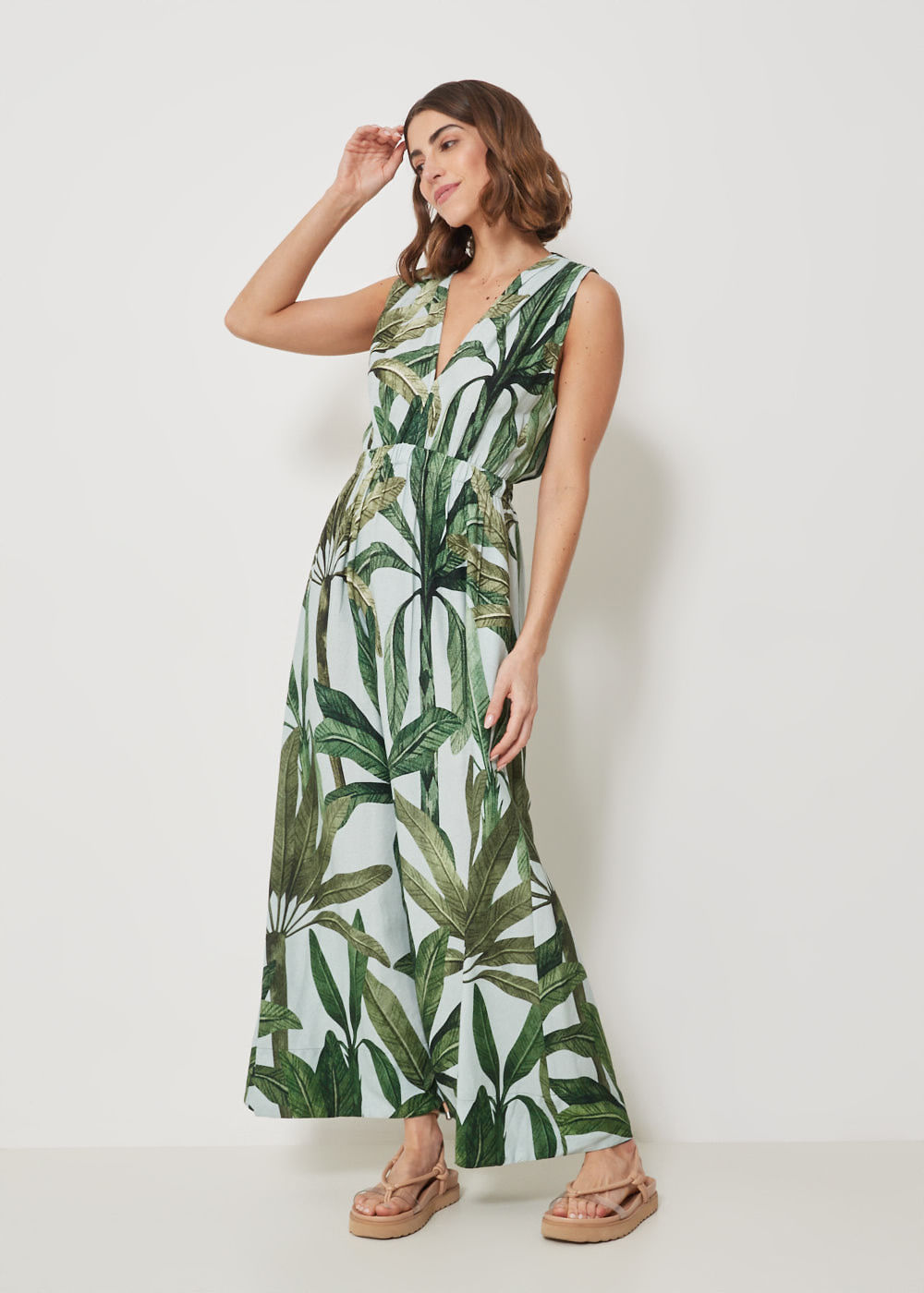 53.50.3438EST VESTIDO LONGO OMBRO DRAPEADO ESTAMPA LEAVES PAINTIG