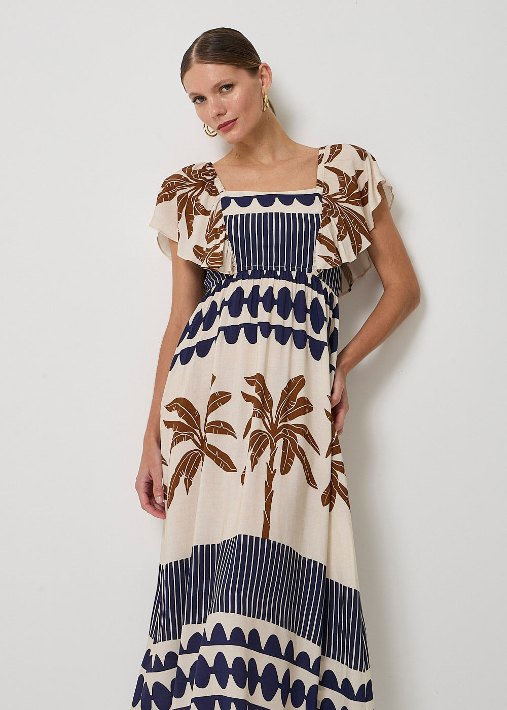 53.22.3422EST VESTIDO MIDI DETALHADO ESTAMPA COQUEIRO IMPERIAL