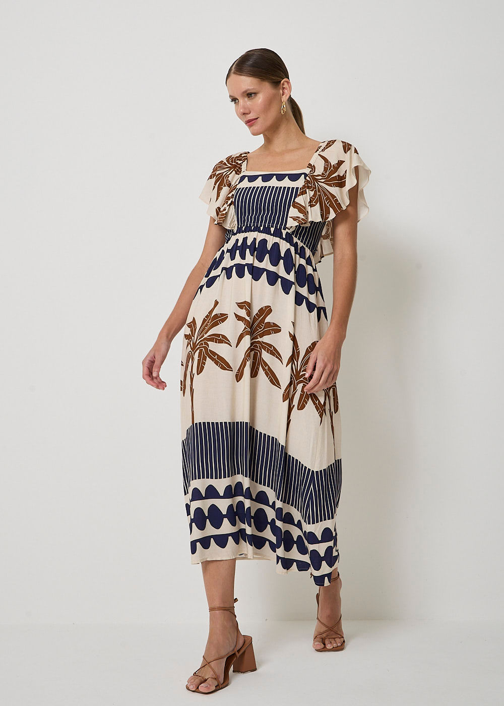 53.22.3422EST VESTIDO MIDI DETALHADO ESTAMPA COQUEIRO IMPERIAL