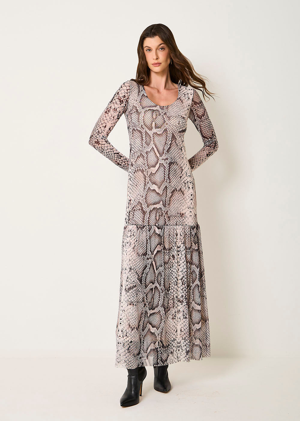 63.50.3503EST VESTIDO LONGO TULE M/L ESTAMPA SNAKE SKIN