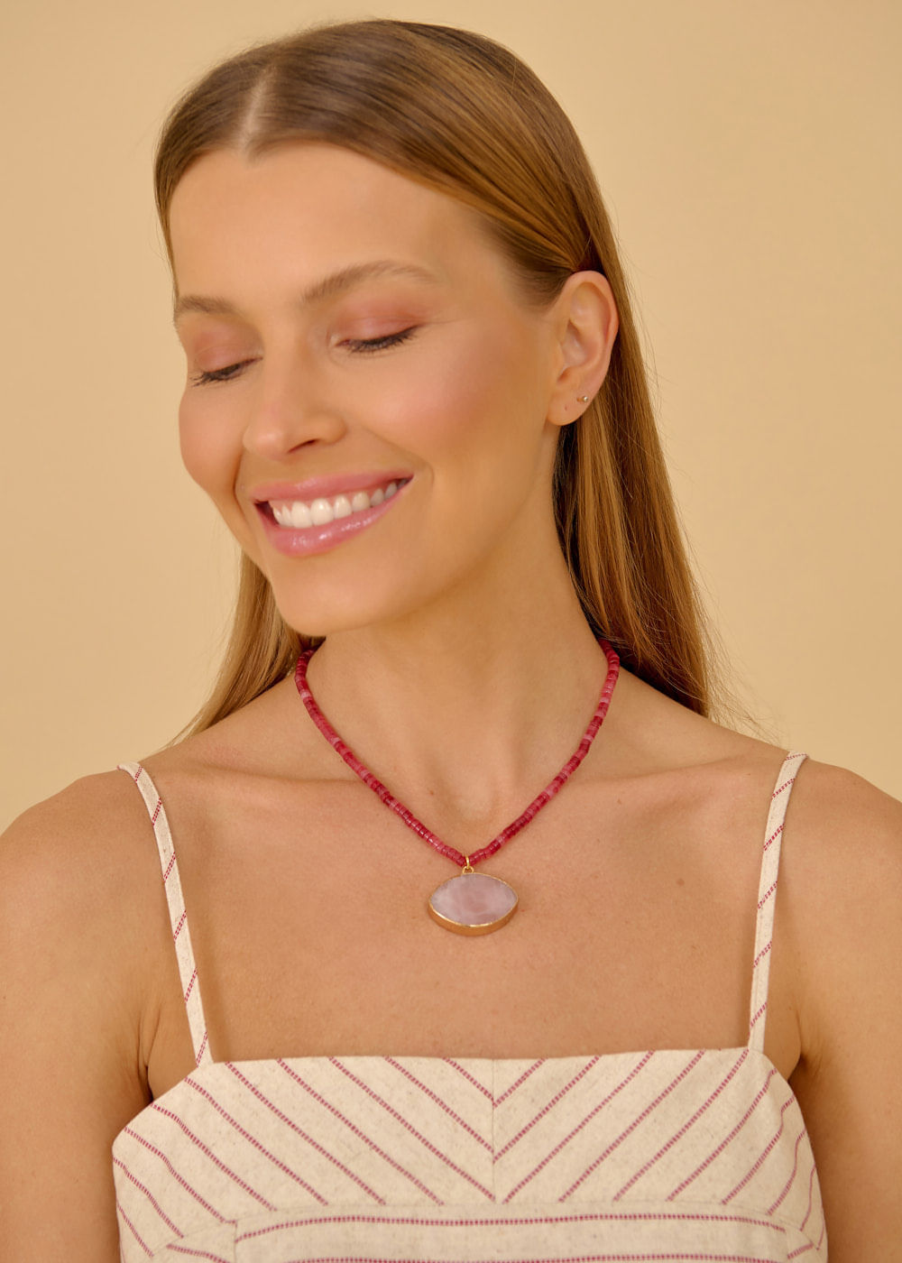 75.00.3607DLA COLAR PEDRA JASPE E PINGENTE QUARTZO ROSA