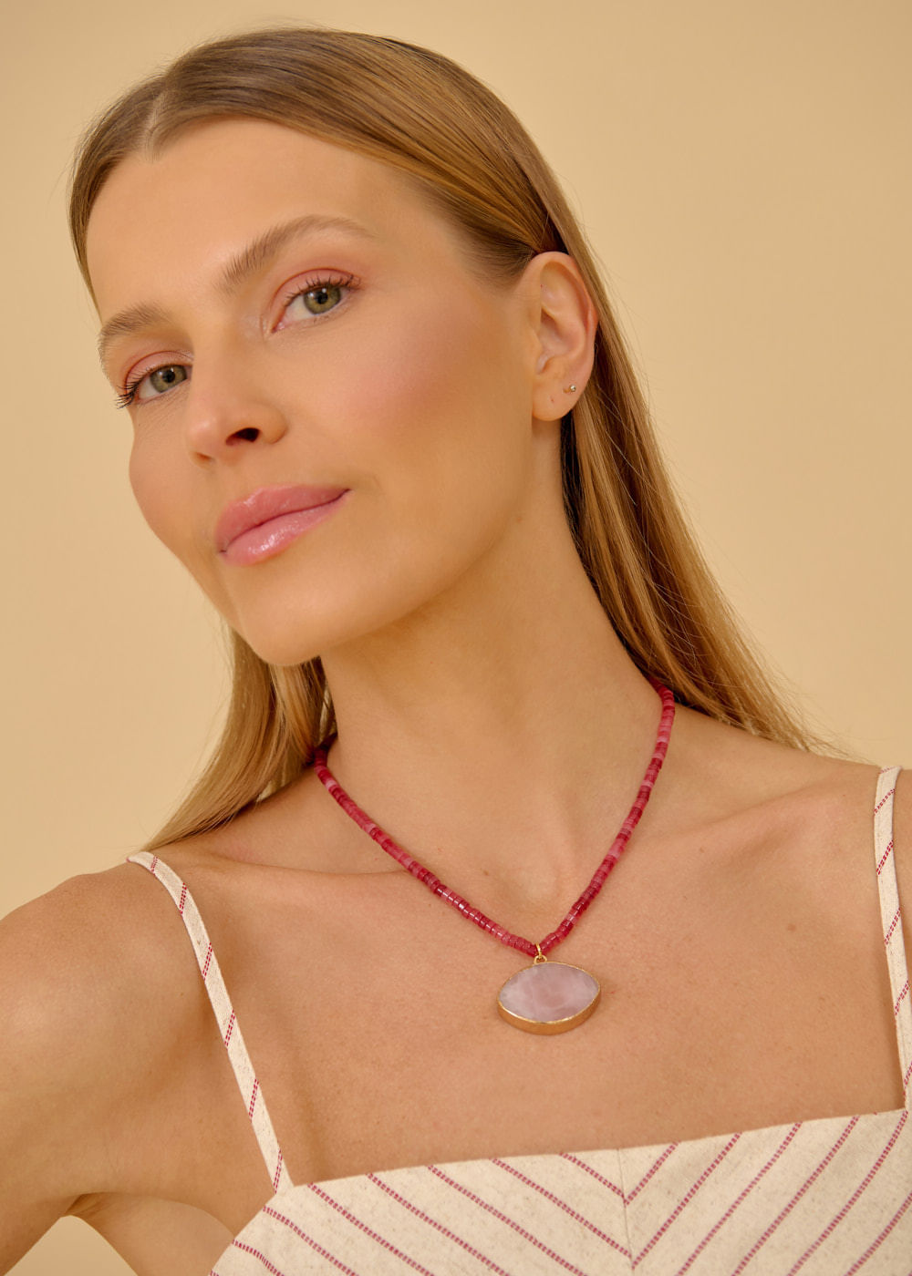 75.00.3607DLA COLAR PEDRA JASPE E PINGENTE QUARTZO ROSA