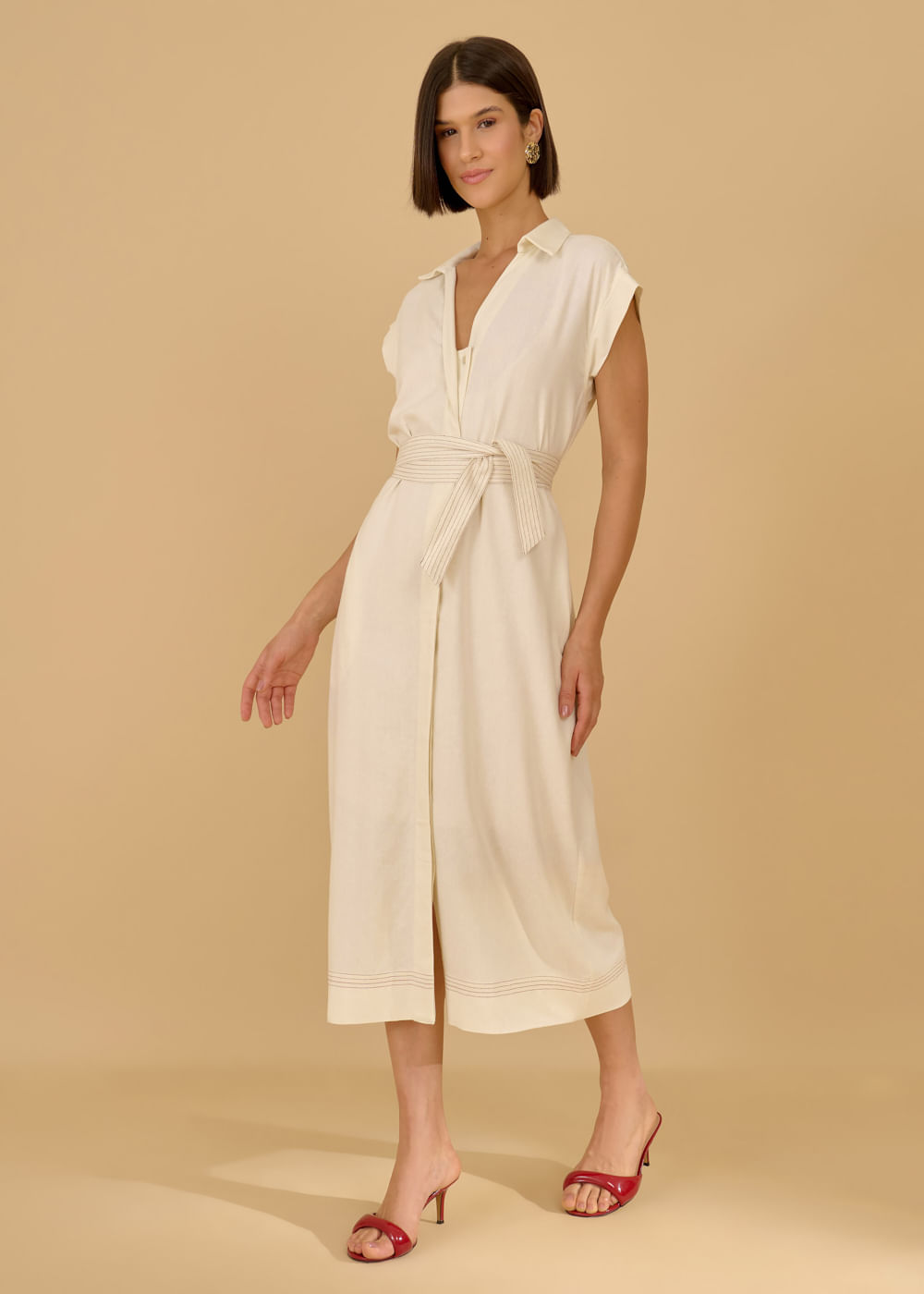53.11.3606ARE VESTIDO MIDI PESPONTADO COM CINTO