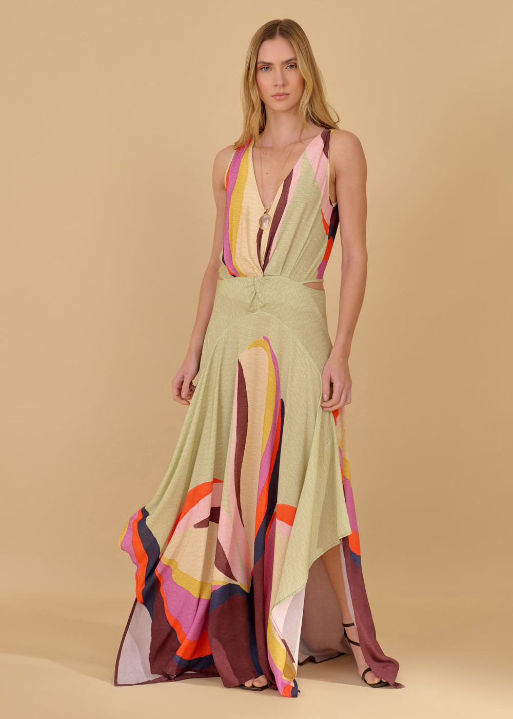 53.50.3632VIN VESTIDO LONGO RECORTES ESTAMPA COLOR TULIPE