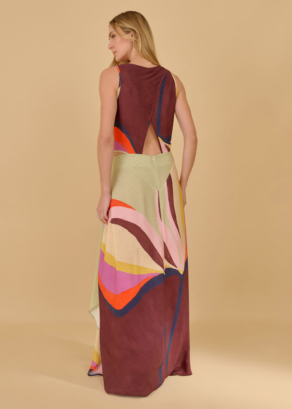 53.50.3632VIN VESTIDO LONGO RECORTES ESTAMPA COLOR TULIPE