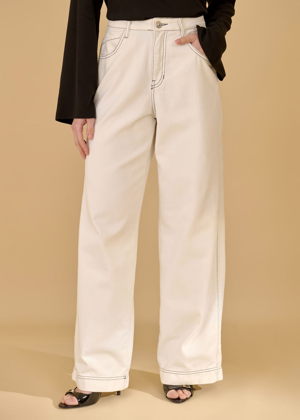 12.75.3602OFW CALÇA WIDE LEG SARJA PESPONTO CONTRASTE
