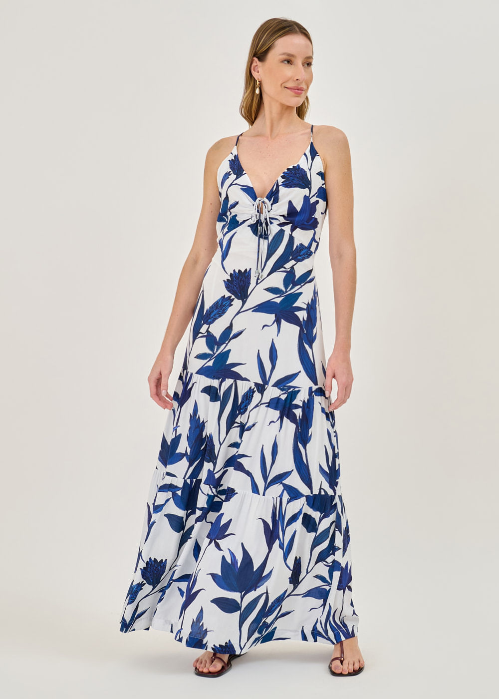 53.50.7408EST VESTIDO LONGO ALÇAS FINAS ESTAMPA BLUE LEAVES