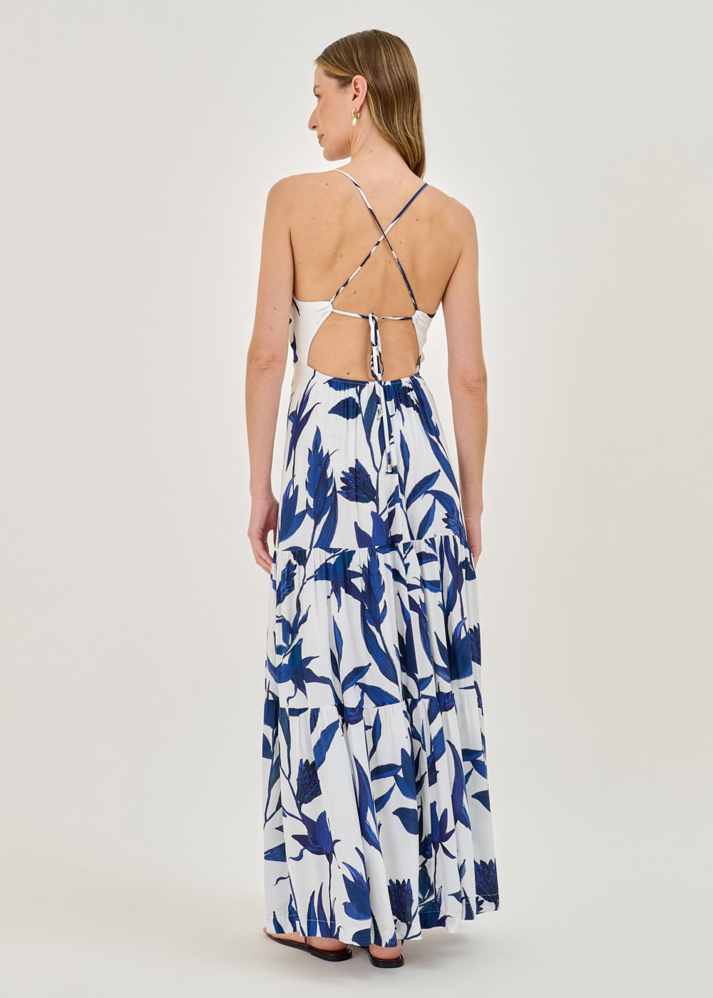 53.50.7408EST VESTIDO LONGO ALÇAS FINAS ESTAMPA BLUE LEAVES