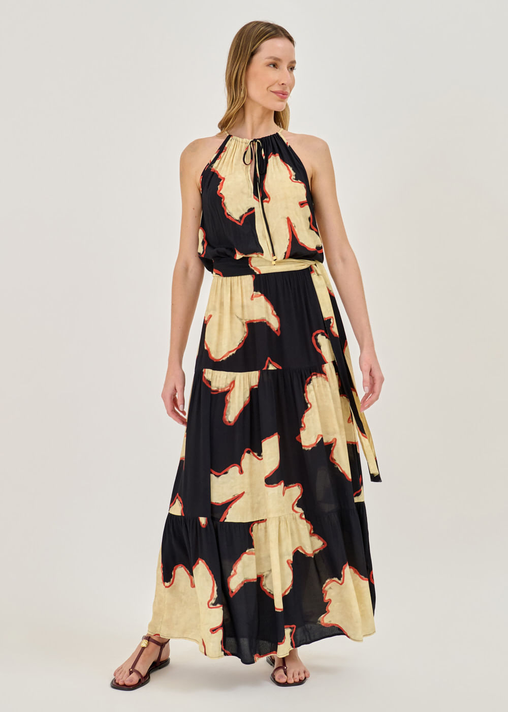 53.50.7305EST VESTIDO LONGO HALTER ESTAMPA SUMMER ISLAND