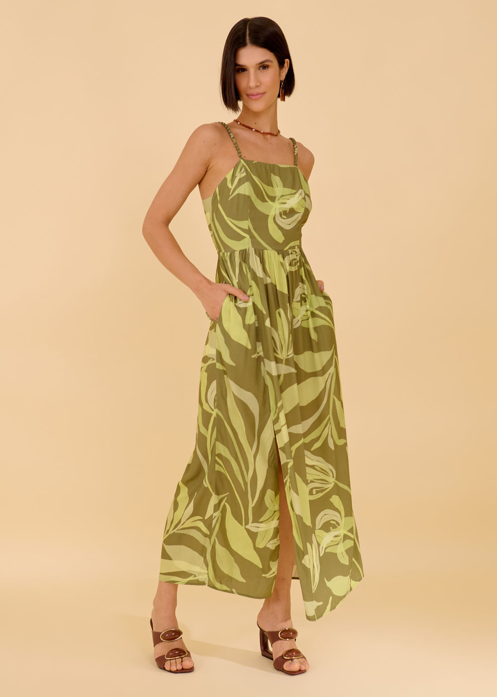 53.50.3641EST VESTIDO ALÇA DETALHADA ESTAMPA GREEN BOWL