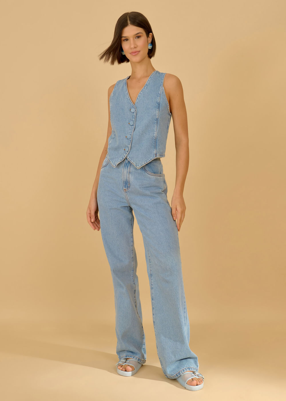 12.25.3601DEL CALÇA JEANS WIDE LEG BOTÃO FORRADO