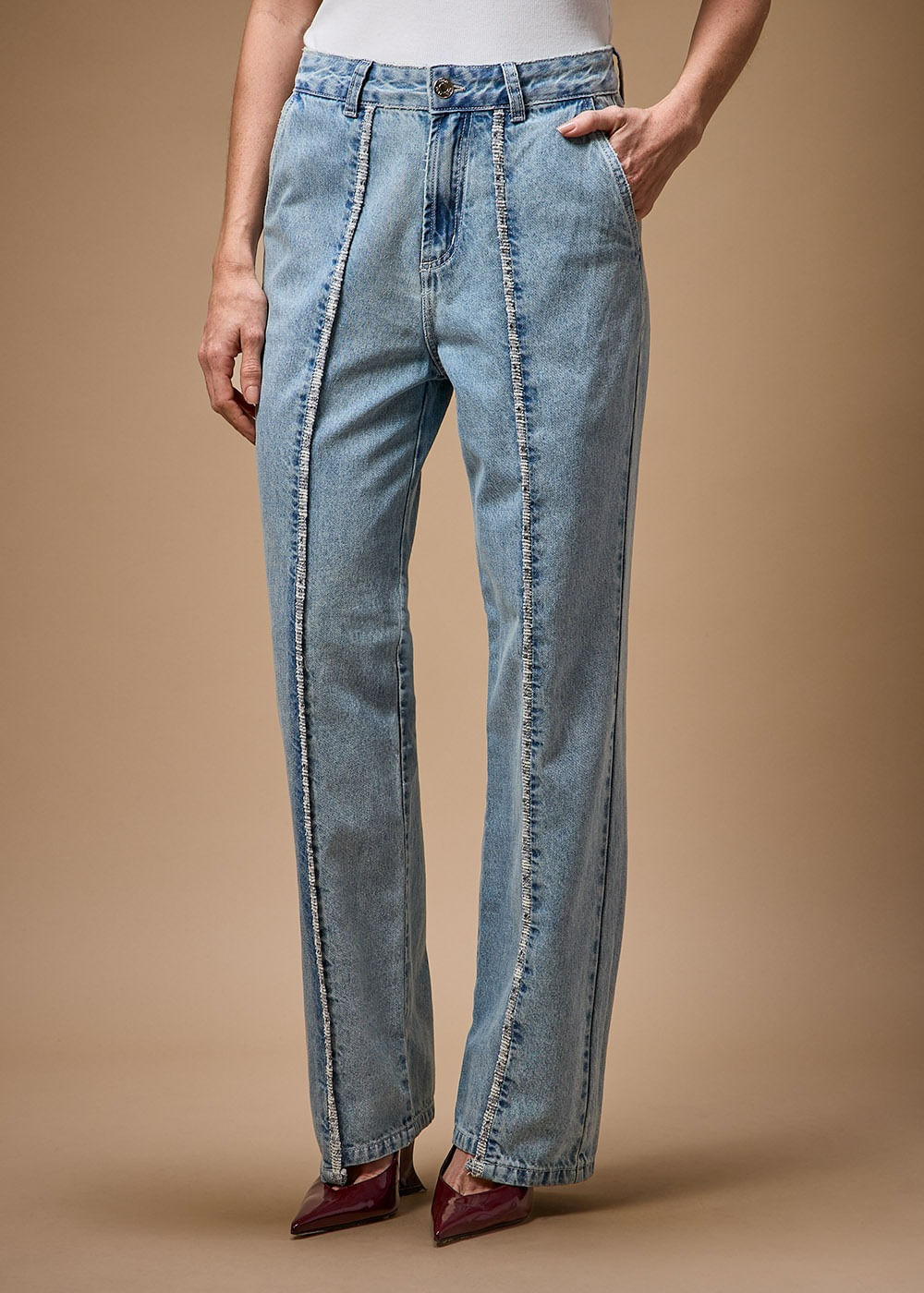 12.21.3701DES CALÇA JEANS RETA COM FRISO DE TWEED