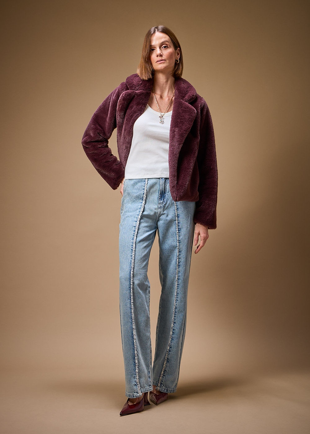 12.21.3701DES CALÇA JEANS RETA COM FRISO DE TWEED